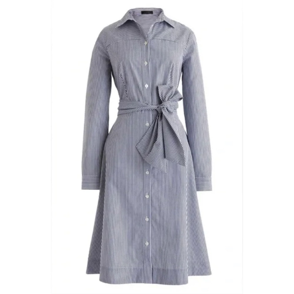 J.Crew Navy White Striped Cotton Button Down Belted Shirt Dress Size 4